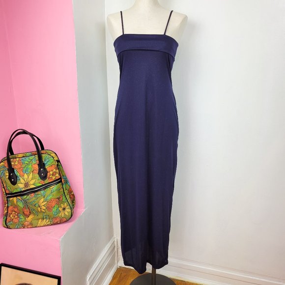 Vintage 90s Navy Glitter Spaghetti Strap Maxi Dress - Picture 4 of 8